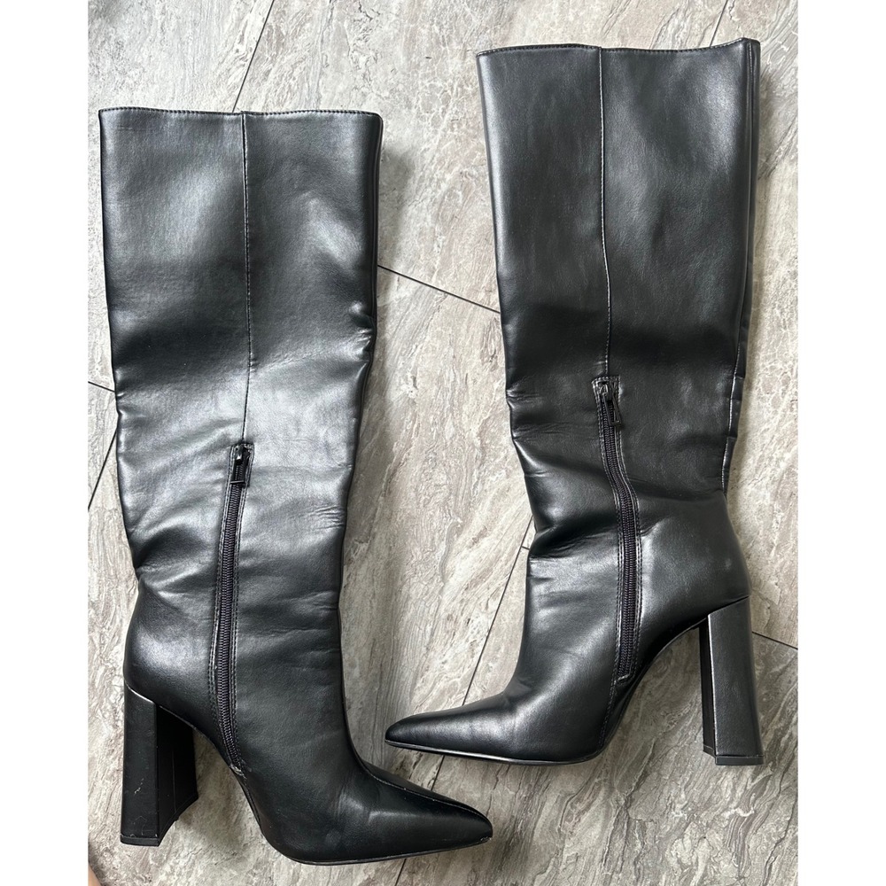 ZARA Women's Size 40 Black Knee High Boots Pointed Toe Block Heel Side Zip